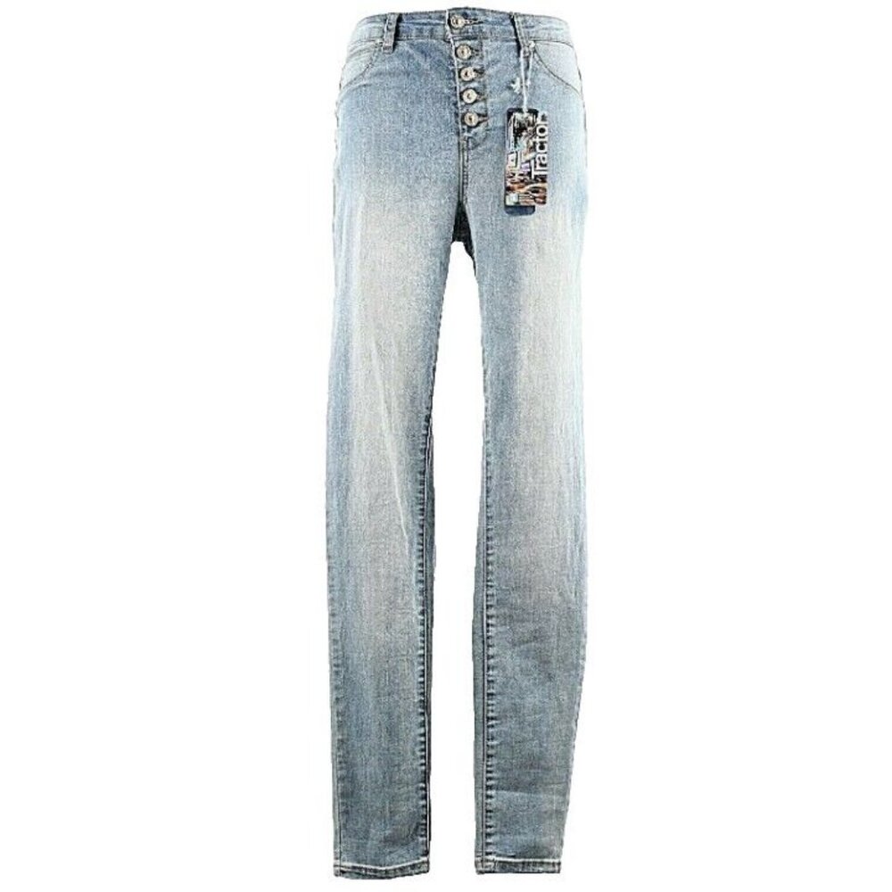 Tractor Sz 9 x 33 Faded Blue Gold Button Fly Cotton Blend Skinny Jean